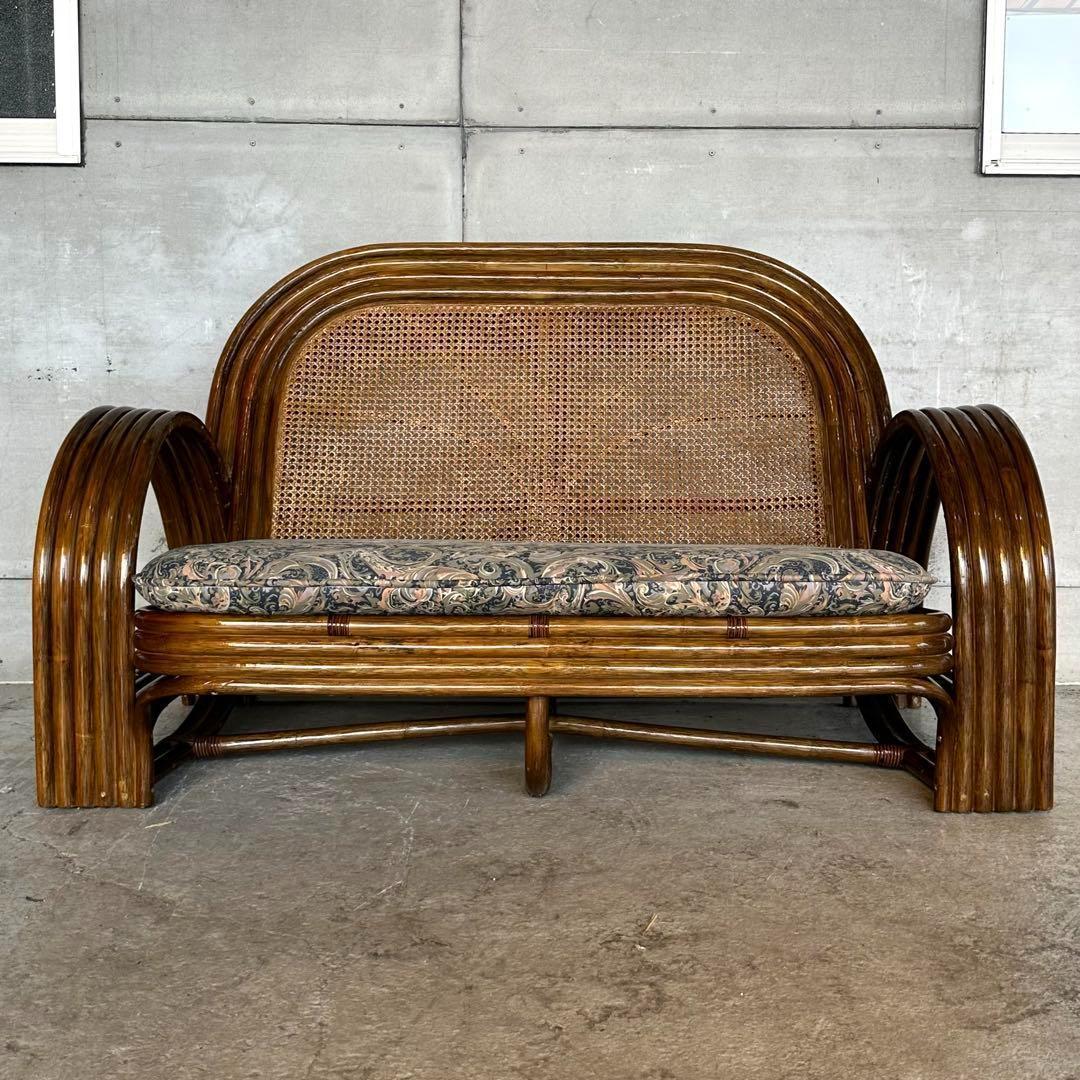 ✿アジアンリゾートポップ✿籐フレーム 2人掛け　ラブソファ　オールドラタン
