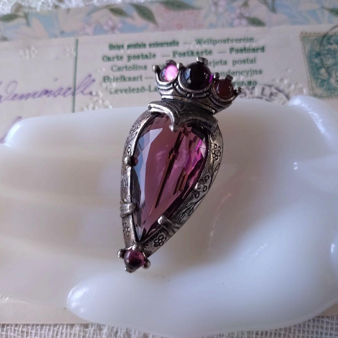 イギリス製ヴィンテージ　MIRACLE　パープルガラス　ハート　王冠　ブローチ