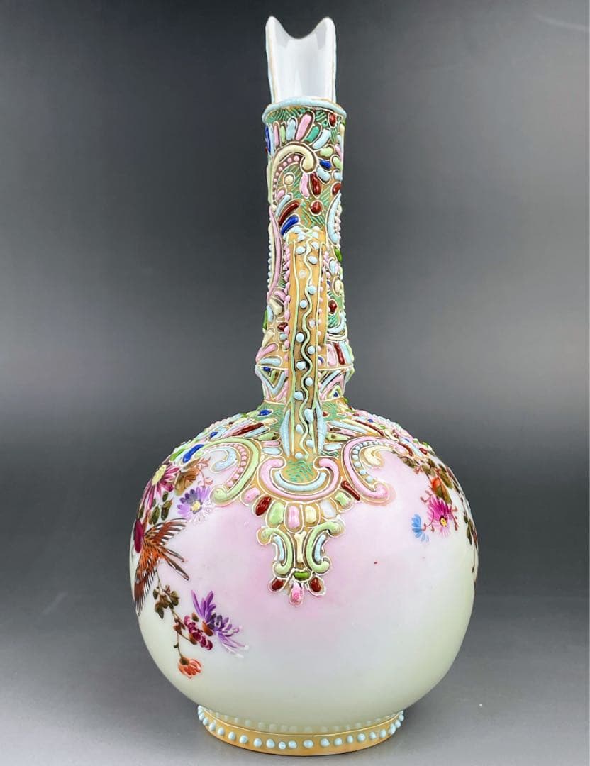 【希少】オールドニッポン 雀図花紋 一陳盛り エナメル 花瓶 ピッチャー 水差し