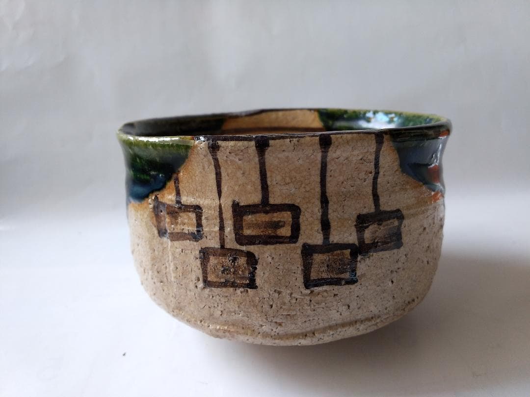 山口錠鉄 織部 茶碗 織部焼 瀬戸赤津焼 共箱 茶道具 茶器 抹茶碗 美品 です