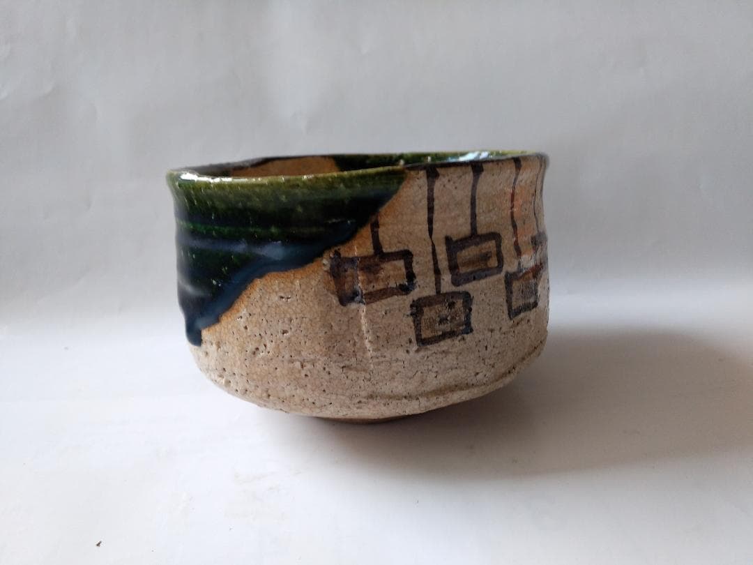 山口錠鉄 織部 茶碗 織部焼 瀬戸赤津焼 共箱 茶道具 茶器 抹茶碗 美品 です