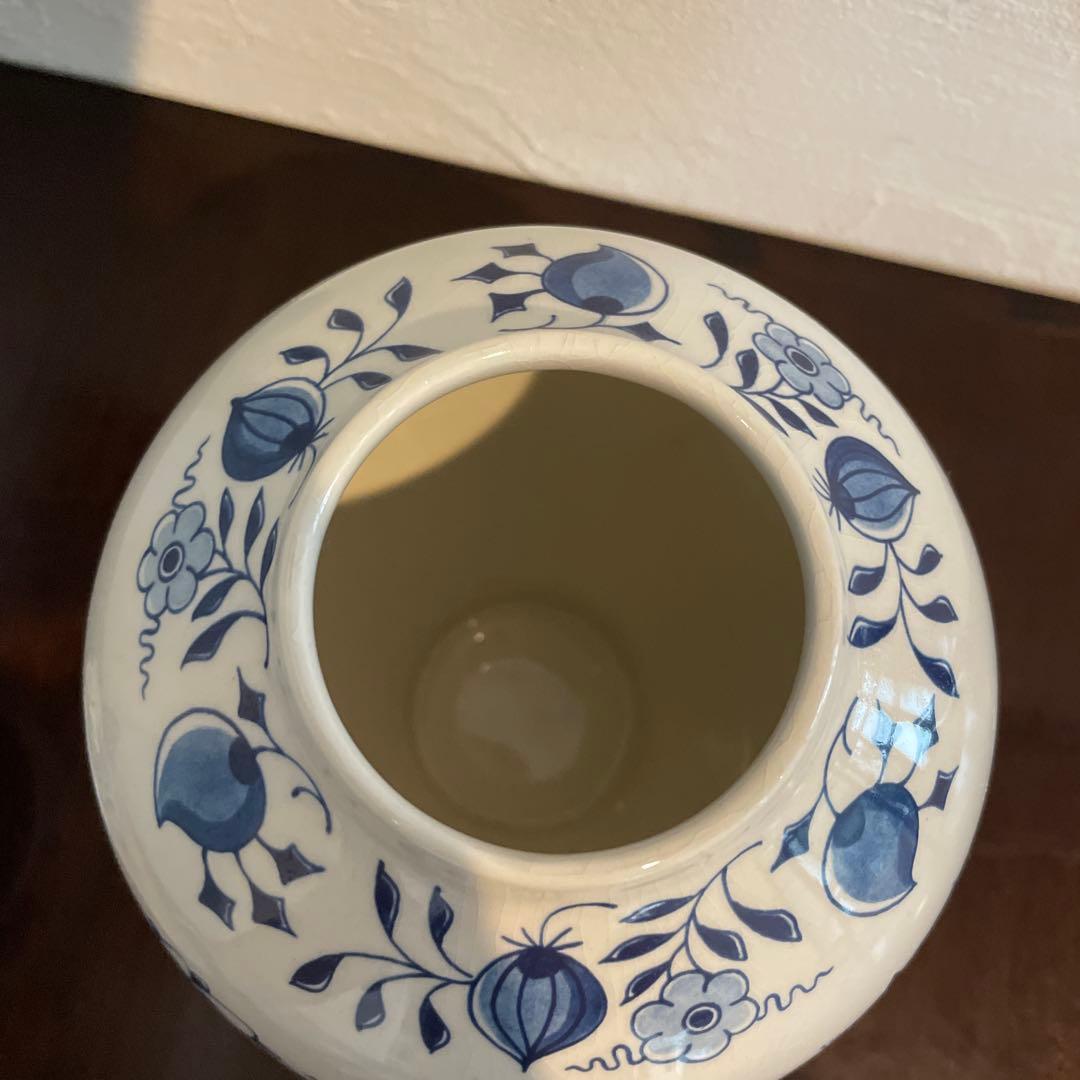 青と白の花柄 蓋付き壺　オランダ　デルフト焼き　アンティーク雑貨