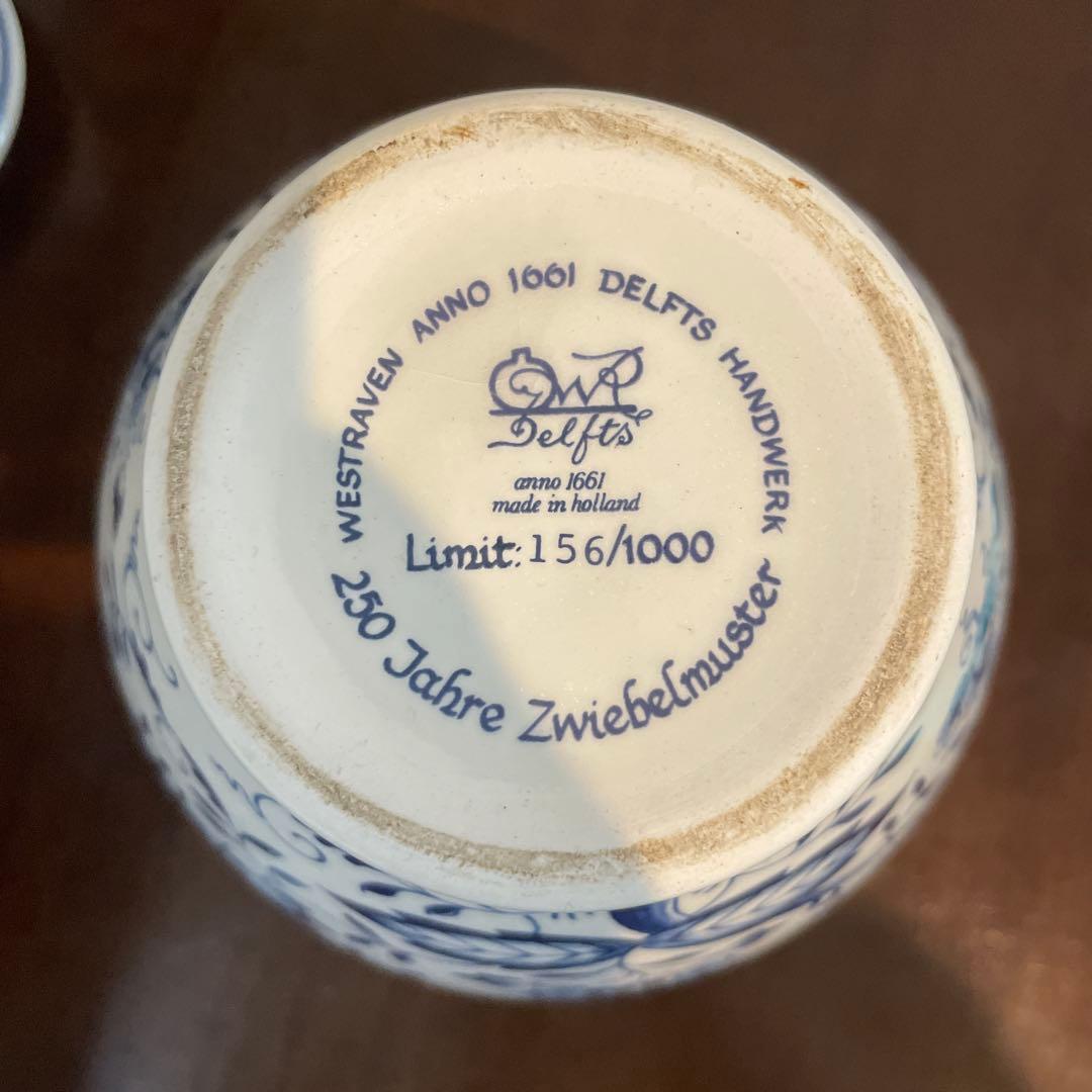 青と白の花柄 蓋付き壺　オランダ　デルフト焼き　アンティーク雑貨