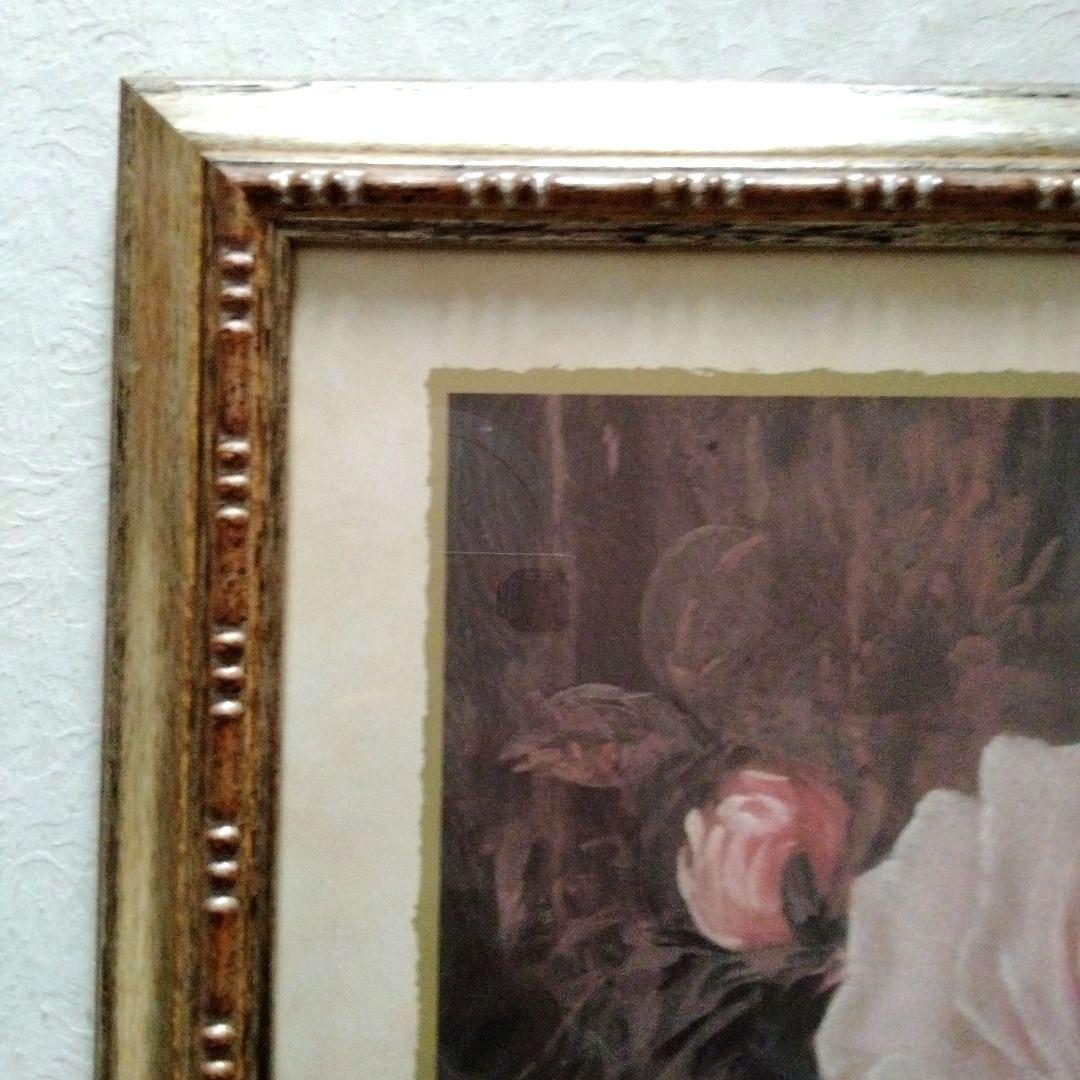 大型バラの絵画　装飾的ゴールドフレーム　金色額縁　アンティーク　イタリア製