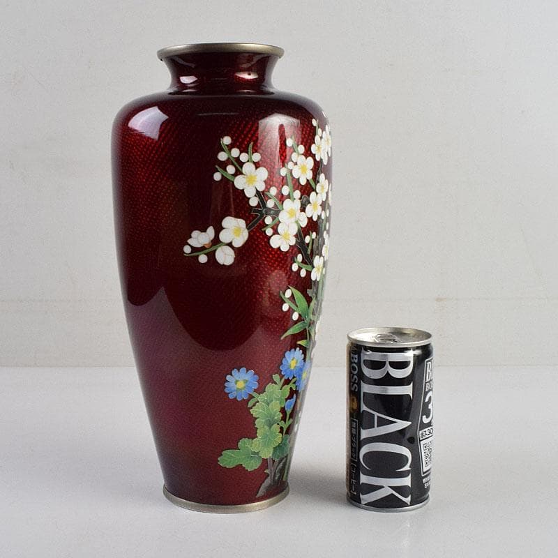 七宝焼　赤透釉　四君子文　花瓶　共箱　M　R9450