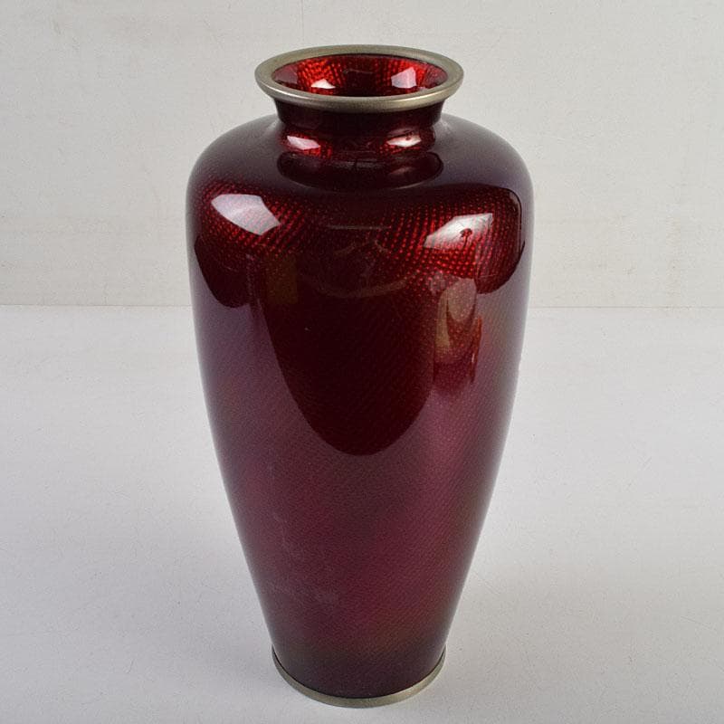 七宝焼　赤透釉　四君子文　花瓶　共箱　M　R9450