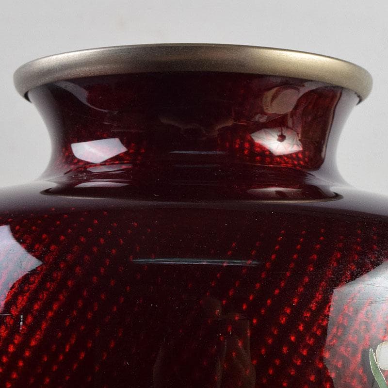 七宝焼　赤透釉　四君子文　花瓶　共箱　M　R9450