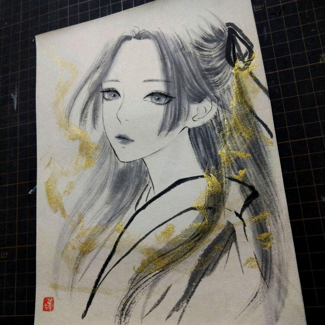 肉筆原画　ドローイング　水墨画　墨絵　美人画　絵画　和装