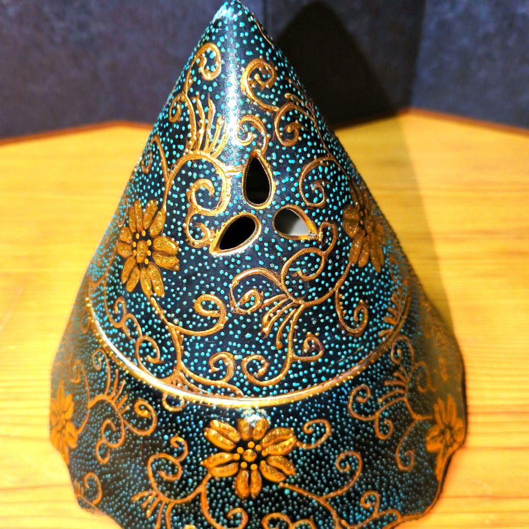 希少 薩摩焼 骨董 円錐形 16.5cm 香炉 九谷金彩青粒鉄仙 唐草 茶道具