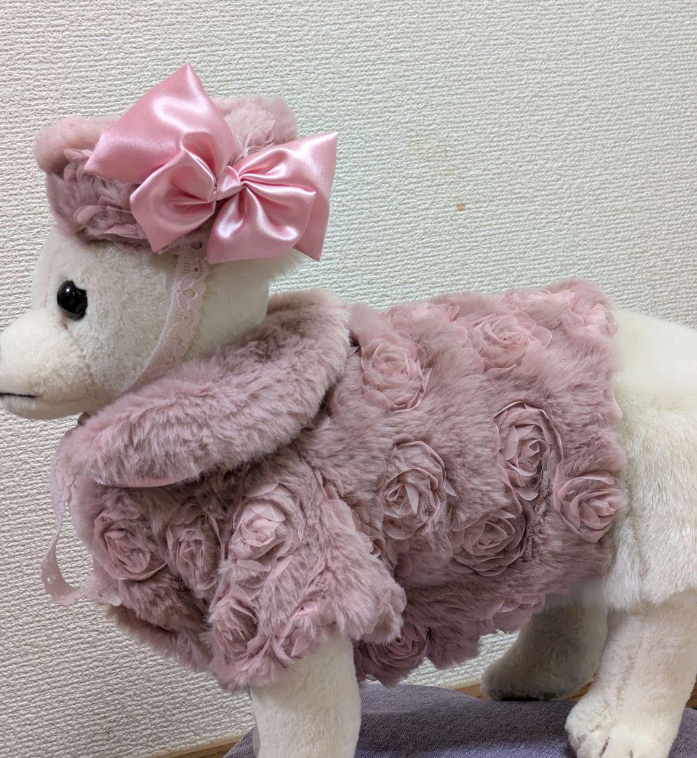 オーダー可能　ピンクのバラ模様ファーケープ＆ファーベレー帽　ハンドメイド