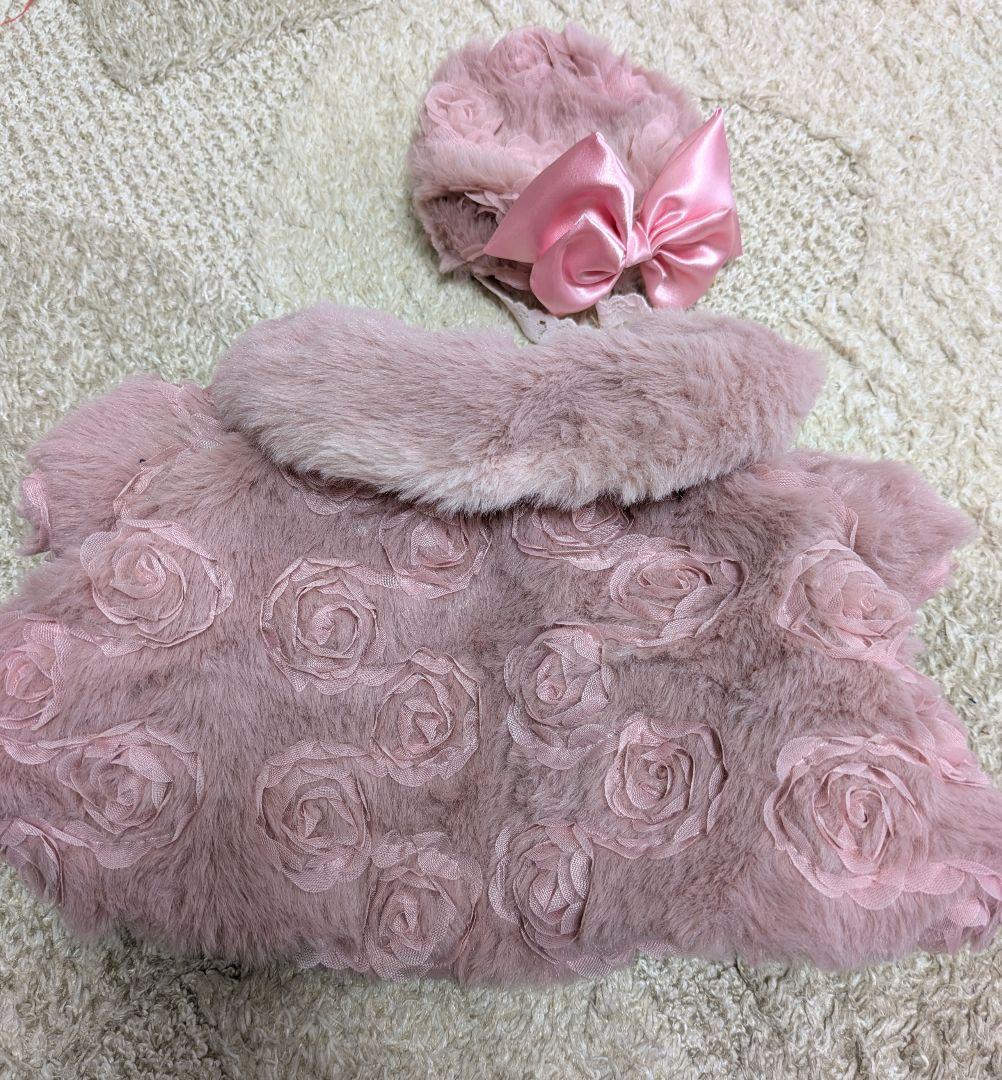 オーダー可能　ピンクのバラ模様ファーケープ＆ファーベレー帽　ハンドメイド