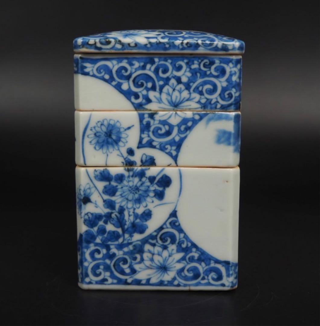 送料無料 明治7年(1874年)購入　青花四君子鳥図三重箱　共箱★大珍品★