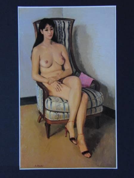 梶 進 「ハイバックチェアーの裸婦」、希少な限定画集より、藤島 武二、新品額装付