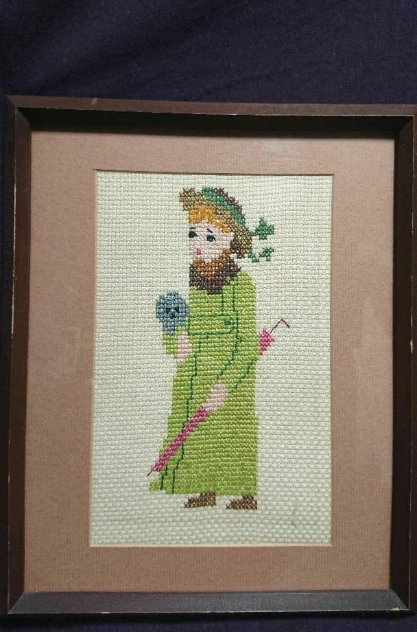 ヴィンテージ古い刺繍絵画    ヨーロッパの少女の絵画     アンティークの絵