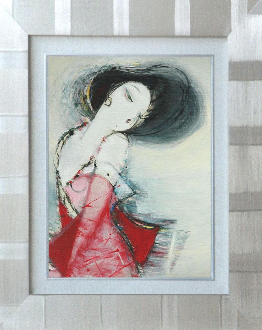 油絵 菅家令子 絵 絵画インテリア額付(青緑＋金色の枠) F6-082711女性