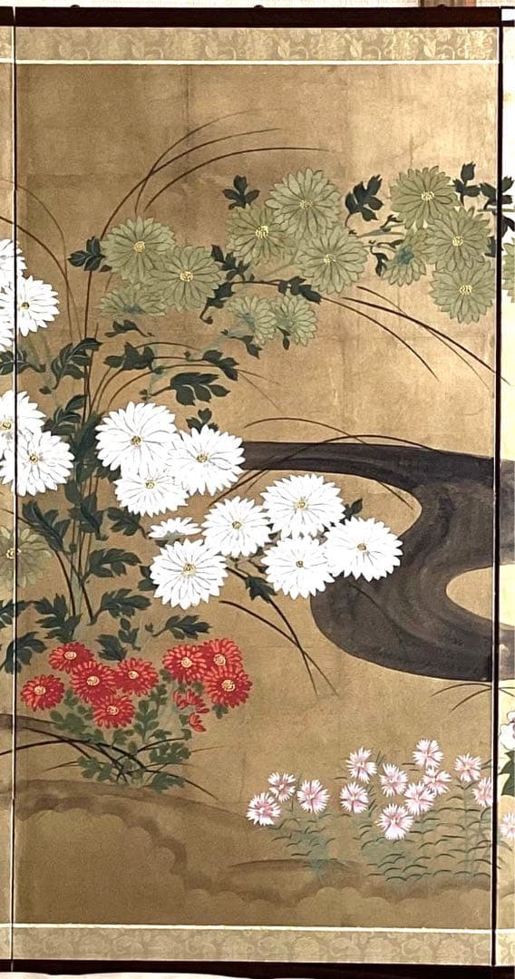 四つ折り屏風　日本画　金箔彩色　琳派 四季花
