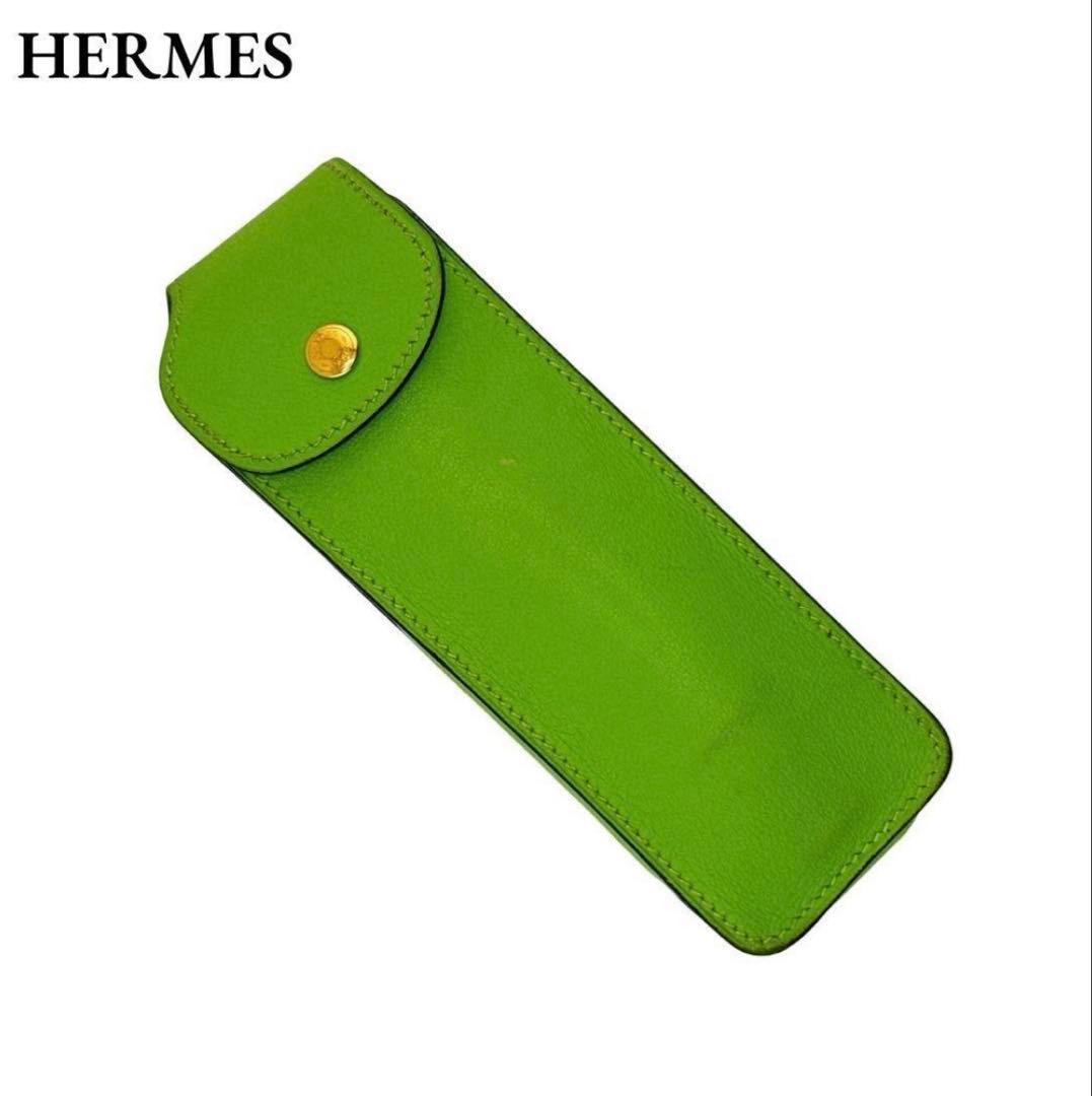 エルメス ペンケース マルチケース ポーチ 小物入れ □C刻印 レザー グリーン