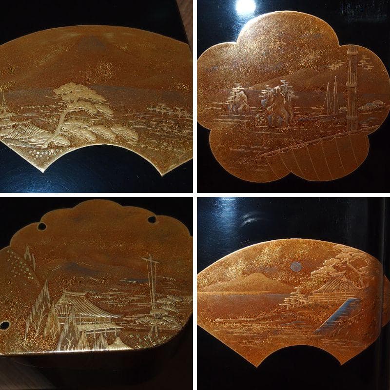 【骨董・時代の美品】大名道具 宝箱 山水蒔絵 箱物/蓋物/菓子器/容器 金縁隅切