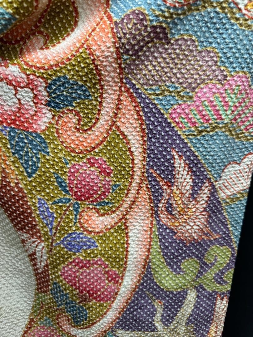 藤娘きぬたや 総絞り 白地 波鶴橘 小紋バック振袖 長襦袢2点セット