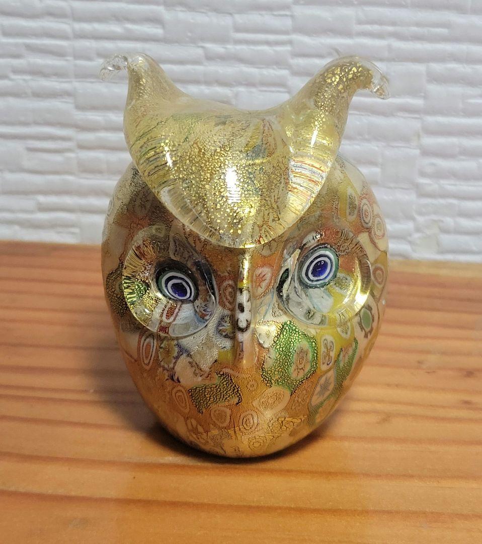 イタリアベネチアガラス　ムラノガラス　フクロウ　金彩