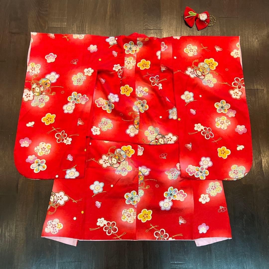 ラ*ン様 七五三 三歳 着物 被布 小物一式 フルセット 正絹 梅 鼓 肌襦袢付
