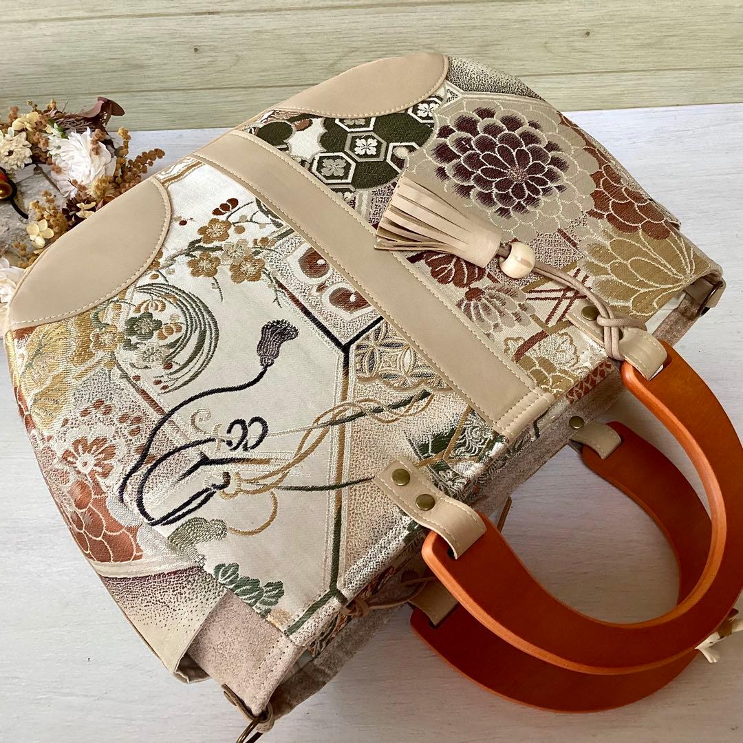 丸帯×本革 着物リメイク トートバッグ ハンドメイド 手提げ 袋帯 アンティーク