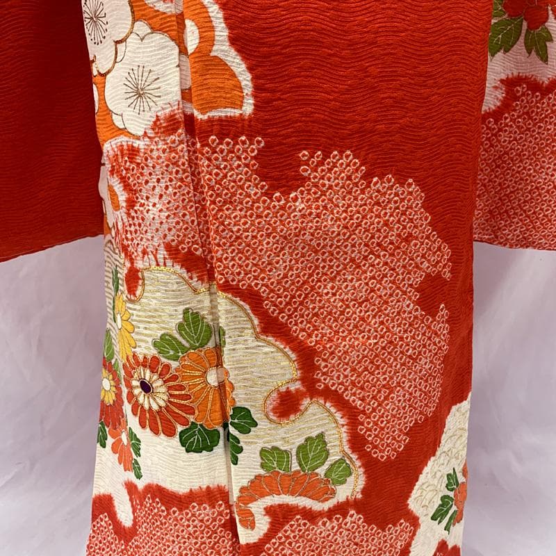 512ag31お着物のみ□七五三 七歳 女児 着物&袋帯&長襦袢 花 絞染め 赤