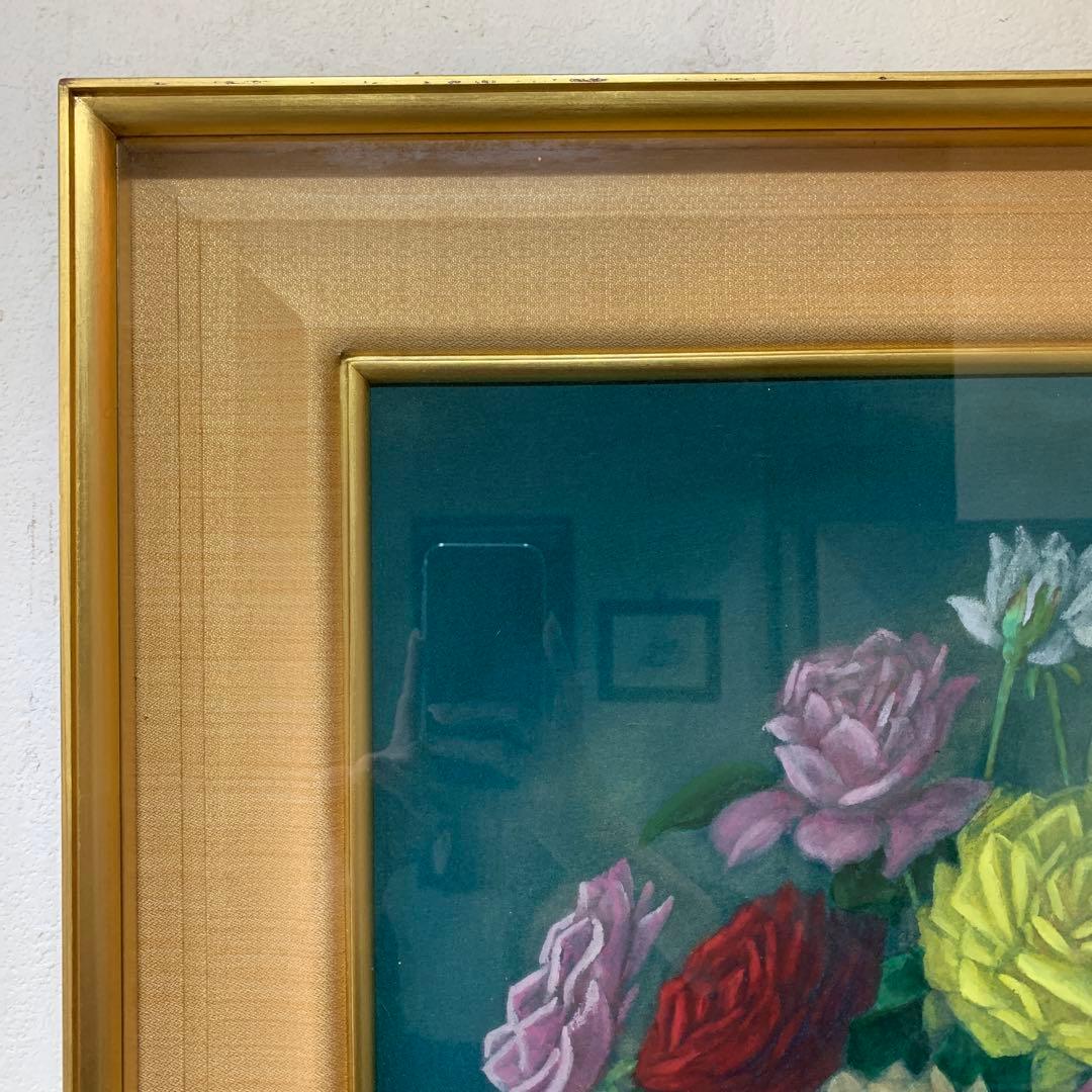 日本画　額装　真作　五十川昇乗『ばら』サイン落款有り　大判　さし箱付き