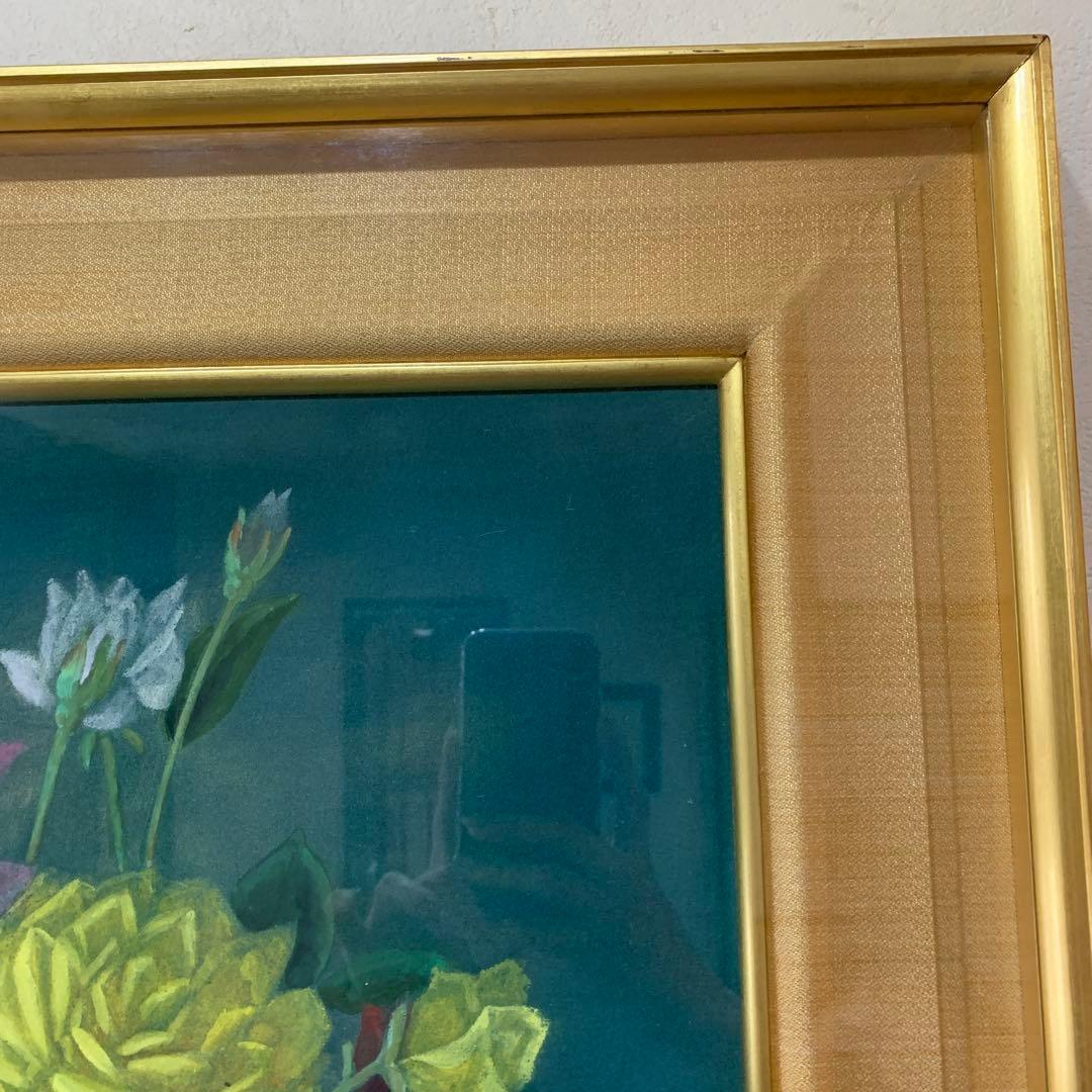 日本画　額装　真作　五十川昇乗『ばら』サイン落款有り　大判　さし箱付き