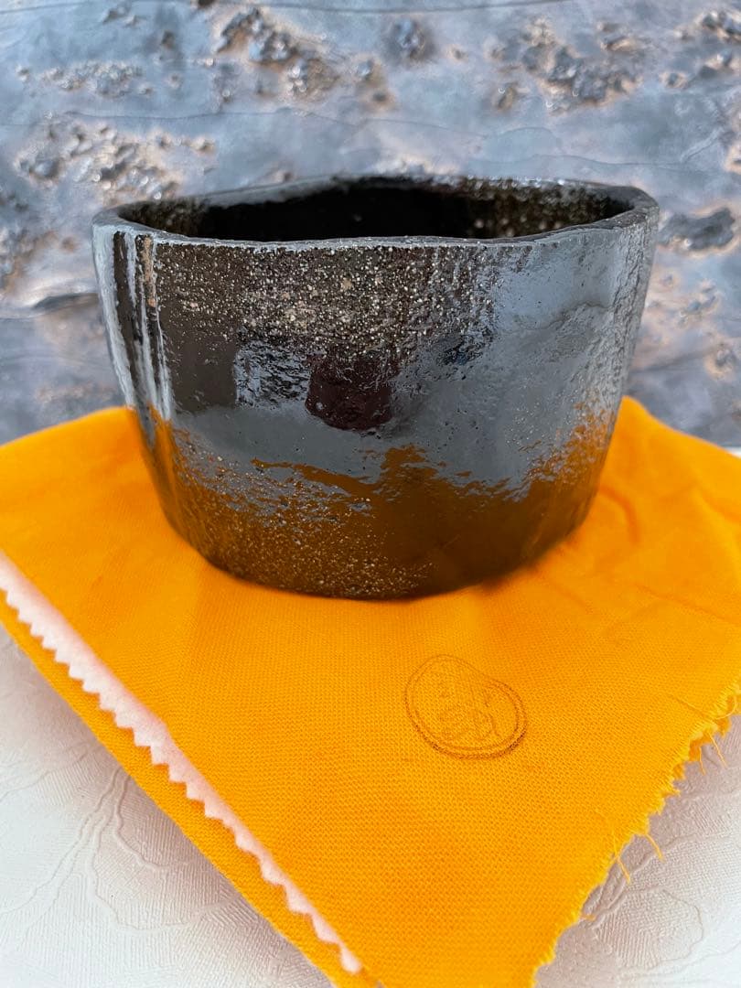 【茶道具】佐々木昭楽　楽焼　七里光悦写　黒色陶器茶碗 茶巾共箱付き　茶碗⑦