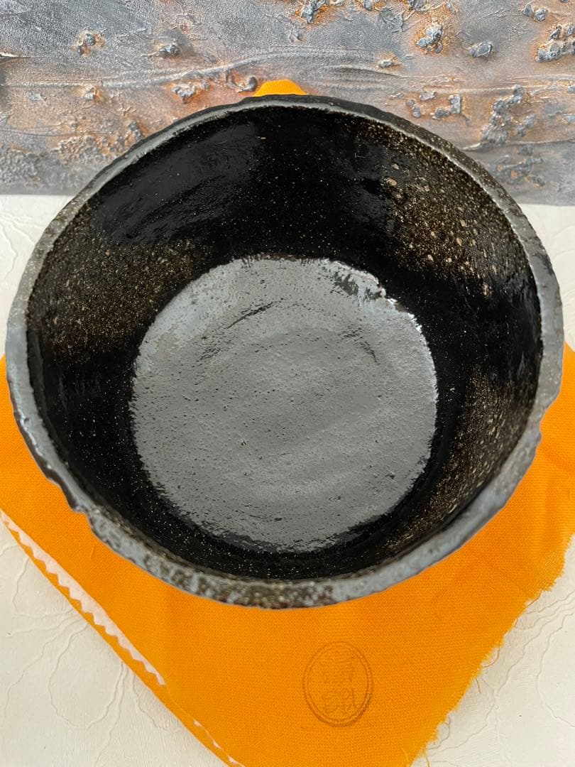 【茶道具】佐々木昭楽　楽焼　七里光悦写　黒色陶器茶碗 茶巾共箱付き　茶碗⑦