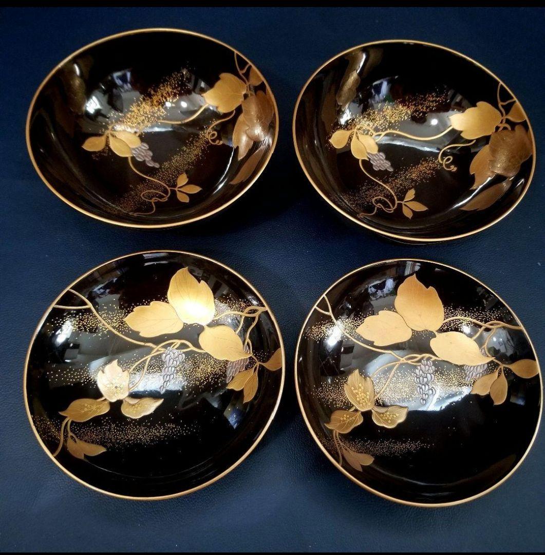 美品 輪島塗 黒漆塗 本金加賀蒔絵 金銀彩内・見返し総蒔絵 吸物椀 雑煮 2客