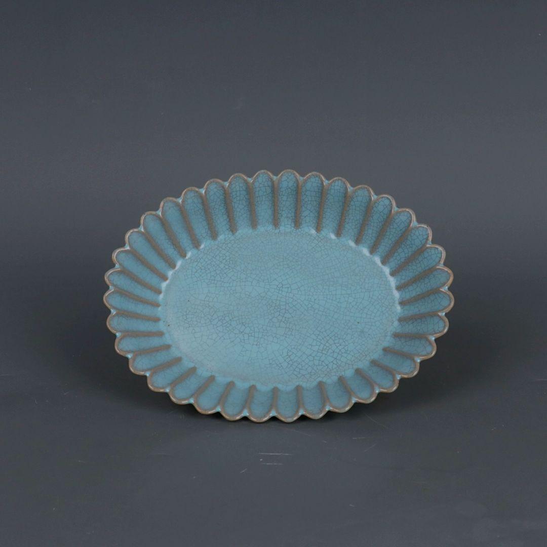 宋汝窯藍釉菊花弁水仙盆 筆洗 書道具 文房具 現代工芸品 美術品 置物