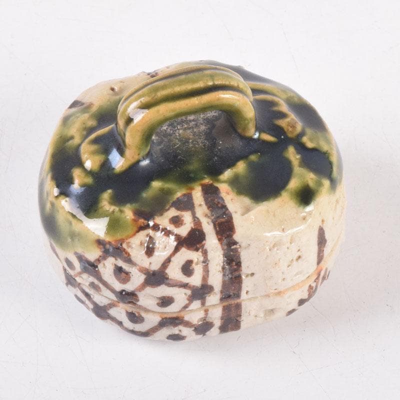 茶道具　織部焼　山口錠鉄作　香合　時代箱　V　8373