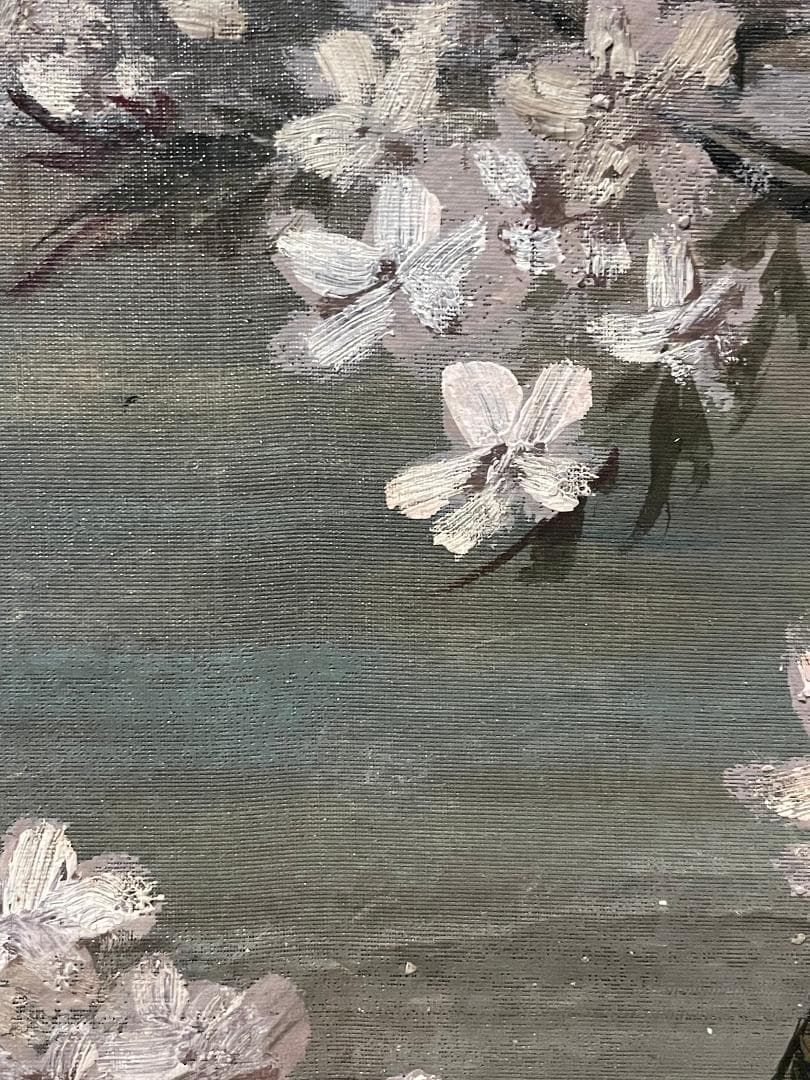 「真作」作者不明「桜の図」風景画　油彩画　額装　サイン有り