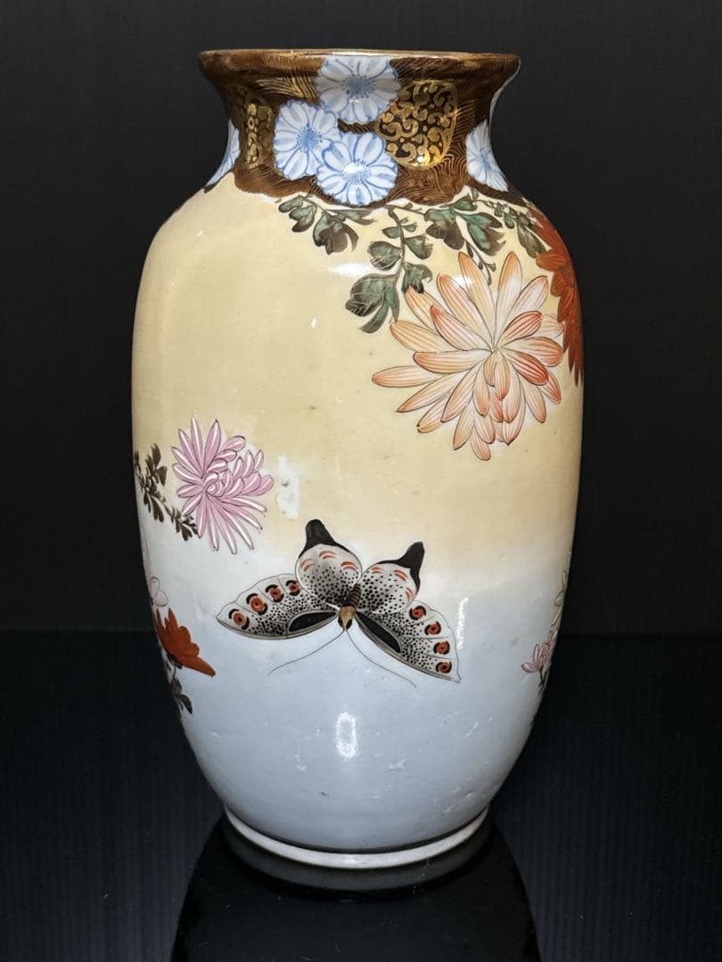 超絶技巧 明治期 極上 金蘭彩色 花蝶図 花瓶 花生 壷