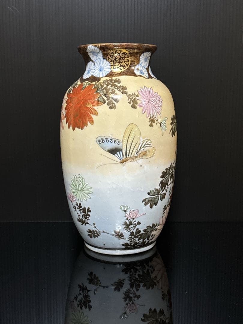 超絶技巧 明治期 極上 金蘭彩色 花蝶図 花瓶 花生 壷