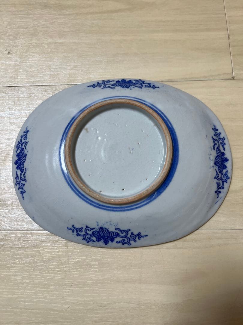 染付 銅版 転写 印判 皿 大皿 明治 図変わり 骨董品 美濃窯 瀬戸