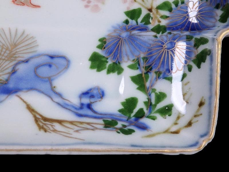 古伊万里　染錦　梅に菊　松に短冊の図　変形長皿　５客　B048AS-CWx