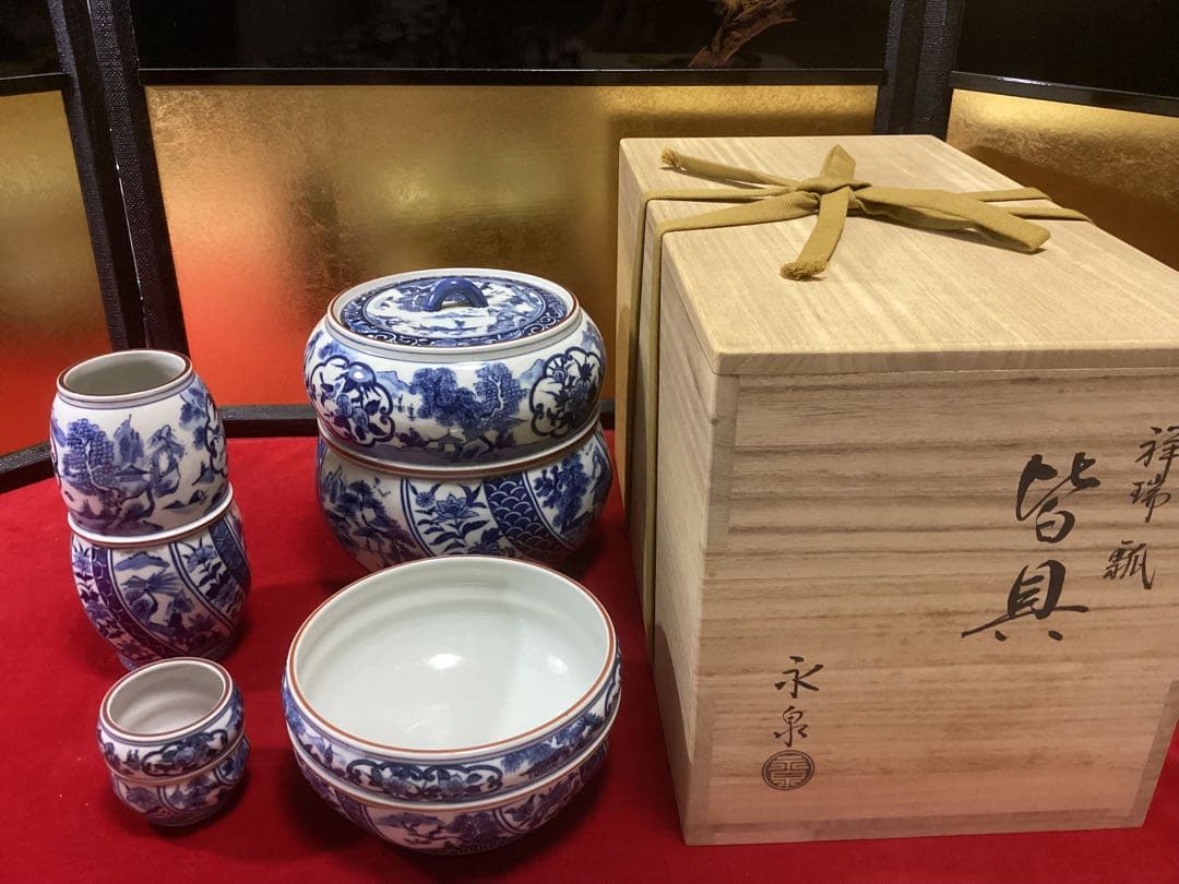 茶道具　皆具　祥瑞　染付　山水　瓢　永泉作　共箱　共布付