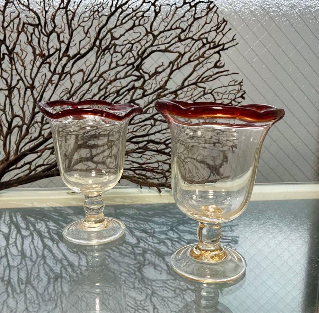 骨董　時代ガラス　ゆらゆら　花フチリップ　氷コップ　ウラン