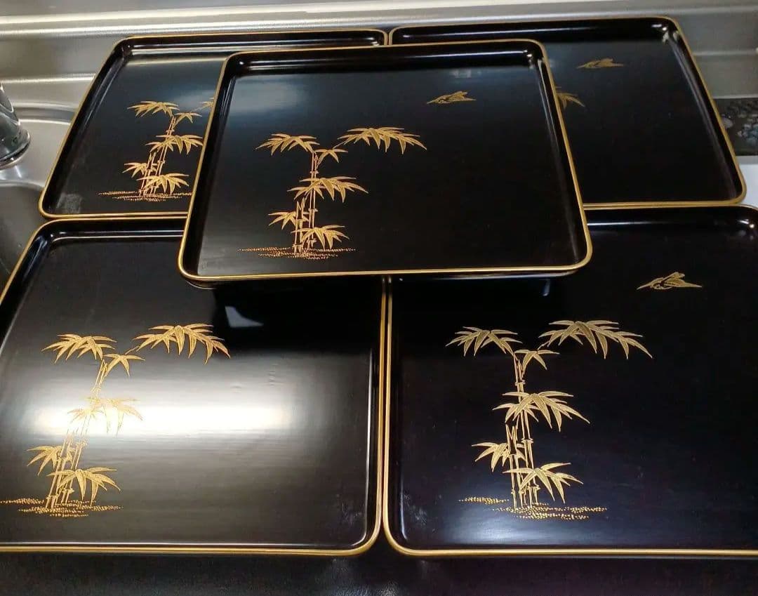 明治初期輪島塗沈金四方膳五客