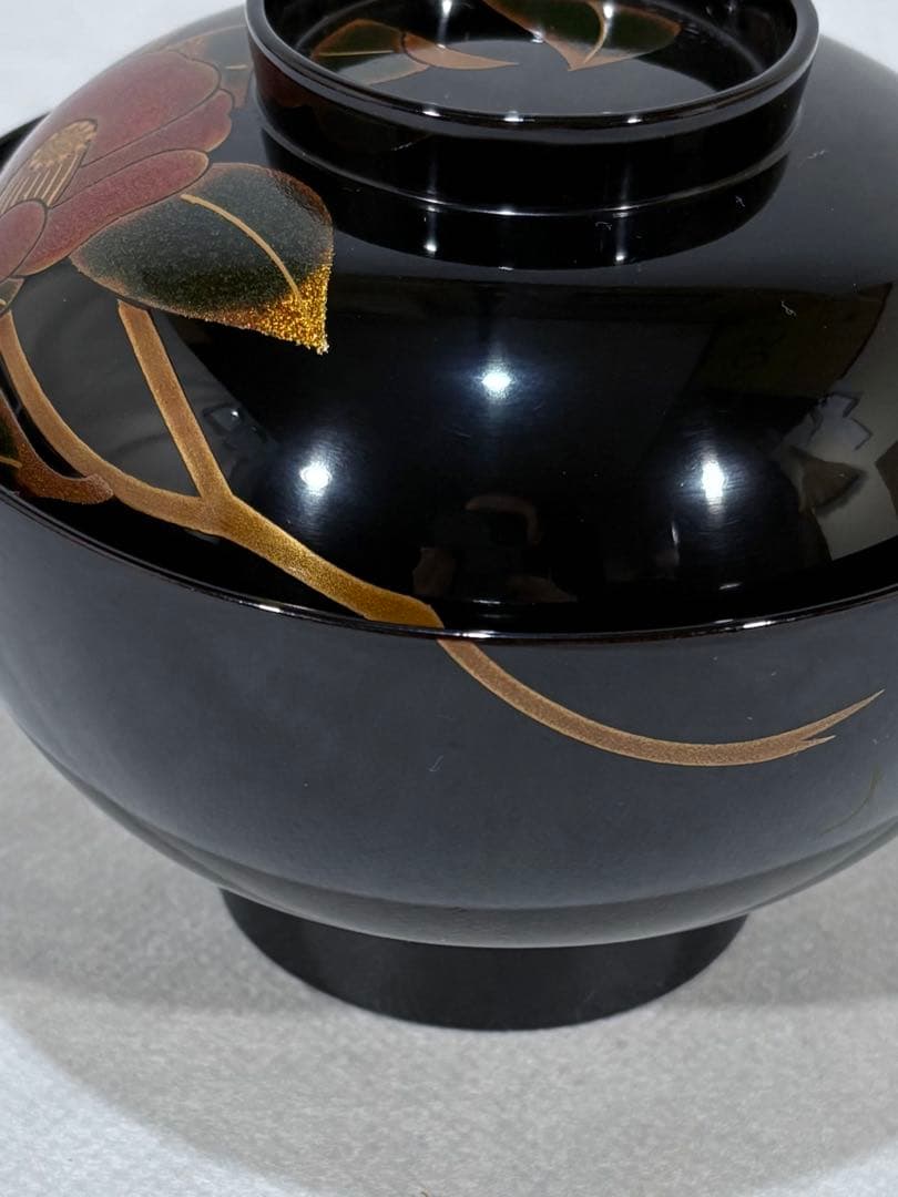 輪島塗　元岡光漆堂謹製　蒔絵師 静峰　塗師 清斉　椿蒔絵 吸物椀五客　美品　共箱