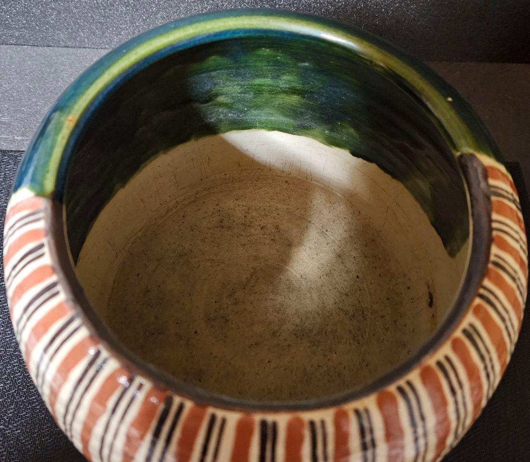 織部焼　瀬戸焼　名工　松原老松作　織部釉　麦藁文様　手焙　火鉢　花入れ　鉢カバー