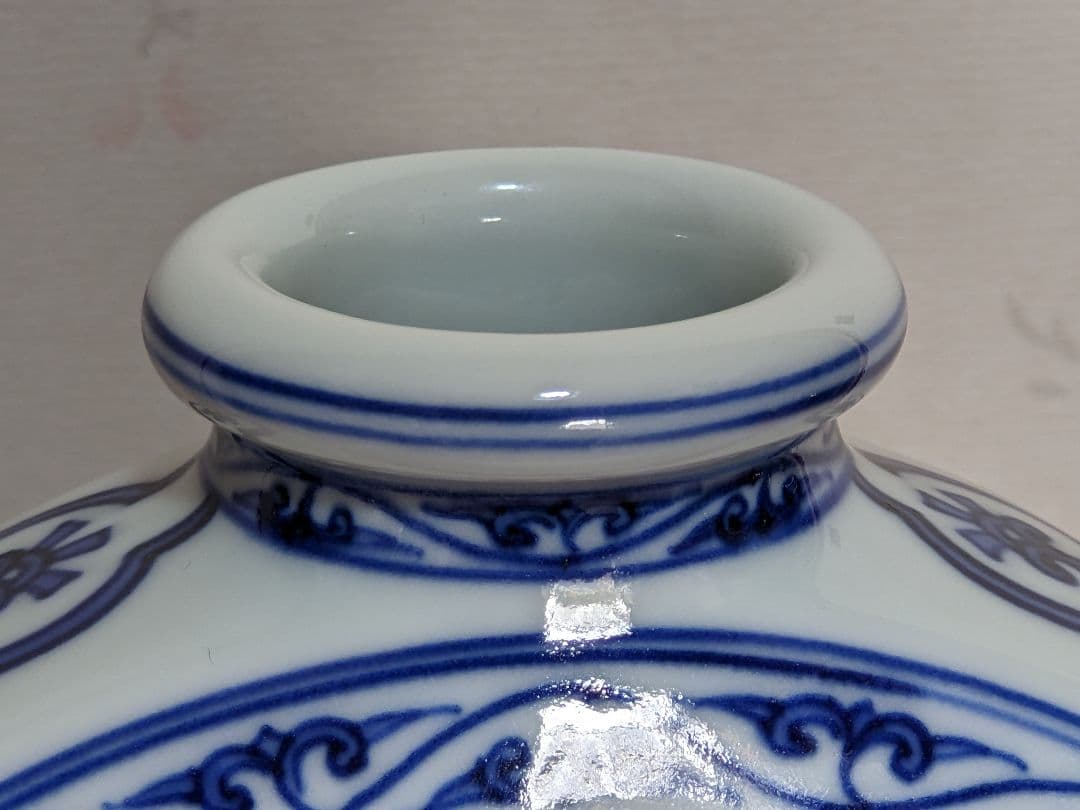 ♦京焼名跡 第四代三浦竹泉造 染付青華文様 扁壺 花器 古美術品 工芸品 骨董品