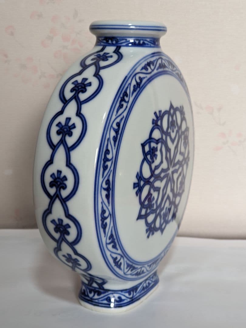 ♦京焼名跡 第四代三浦竹泉造 染付青華文様 扁壺 花器 古美術品 工芸品 骨董品