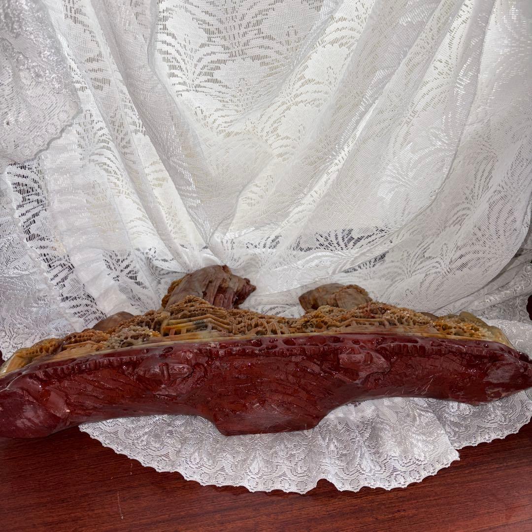 中国翡翠 彫刻 風景 船 山景色　置物　アート　40cm