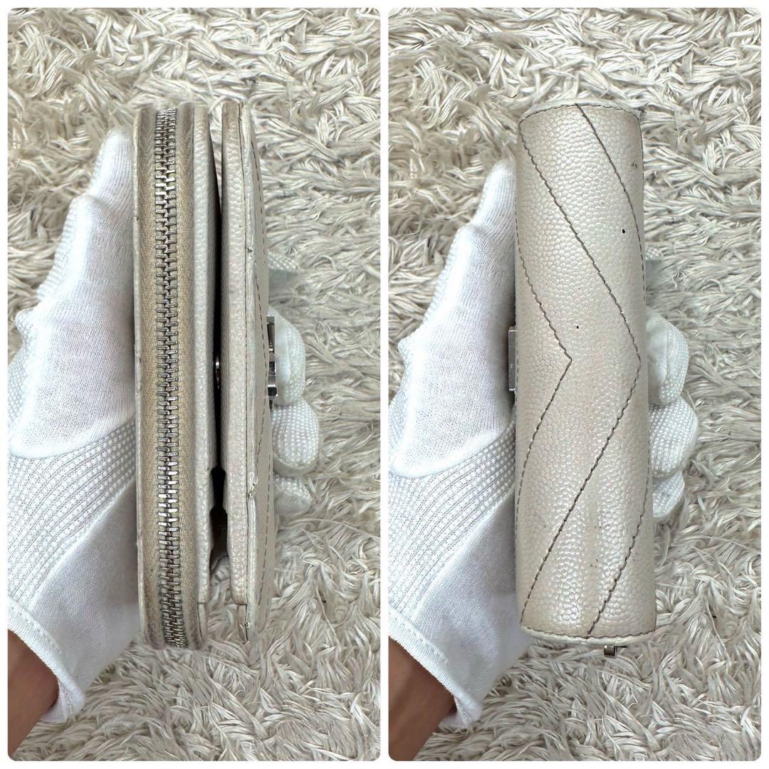 【美品】サンローラン 二つ折り財布 ホワイト Vステッチ キャビアスキン YSL