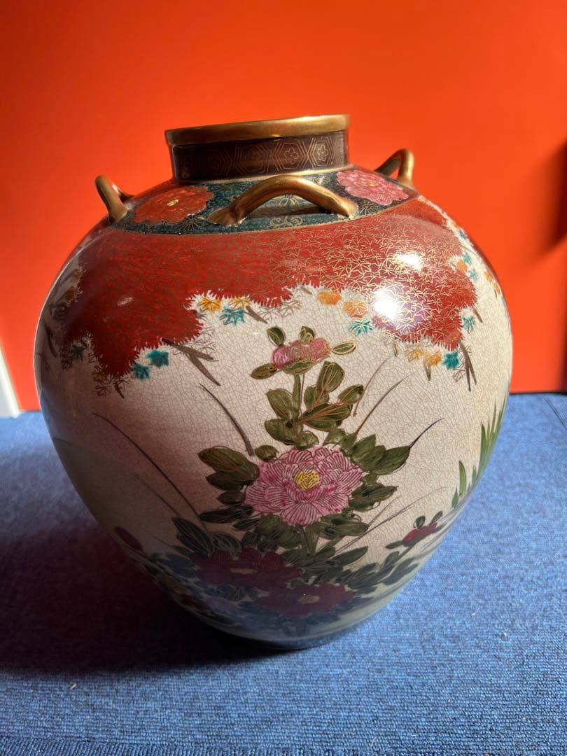 890 九谷焼 湖東 四つ耳付  花鳥　大壺 花入れ 花瓶　時代物