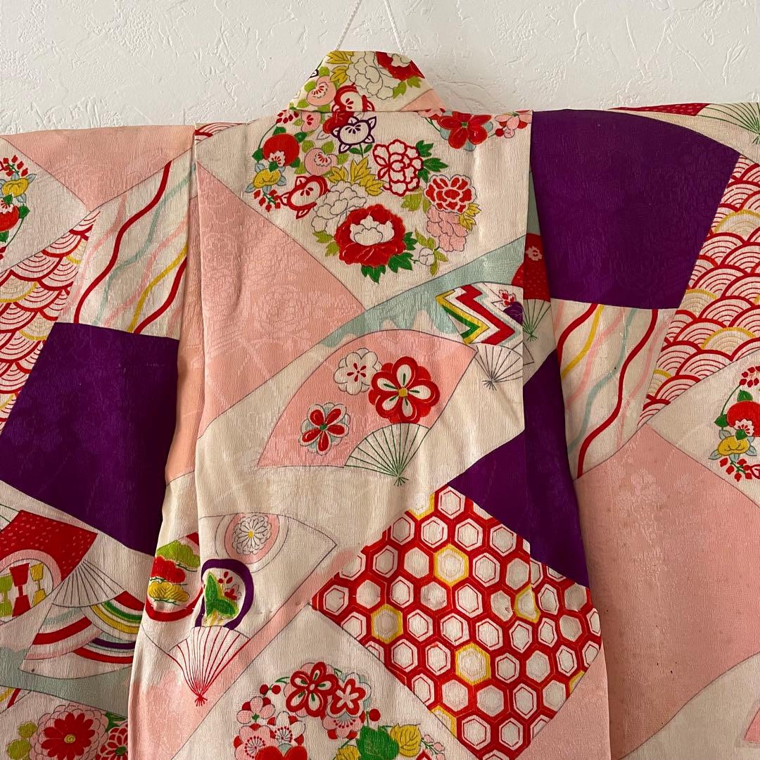 七五三　３歳　女の子　正絹　アンティークお着物　セット　正絹白地の被布コーデ